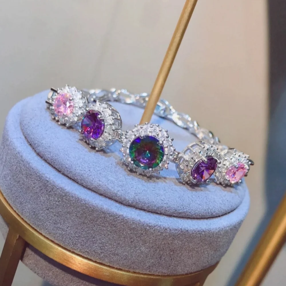 Multicolor Mystic Topaz Amethyst Pink Sapphire Platinum Plated Bracelet - Picture 2 of 4